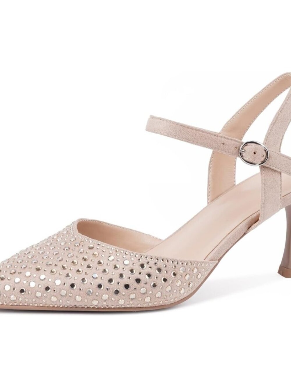 Women's Nude_rhinestone Slingback Kitten Shoes Toe Pumps Low Stiletto Heels
